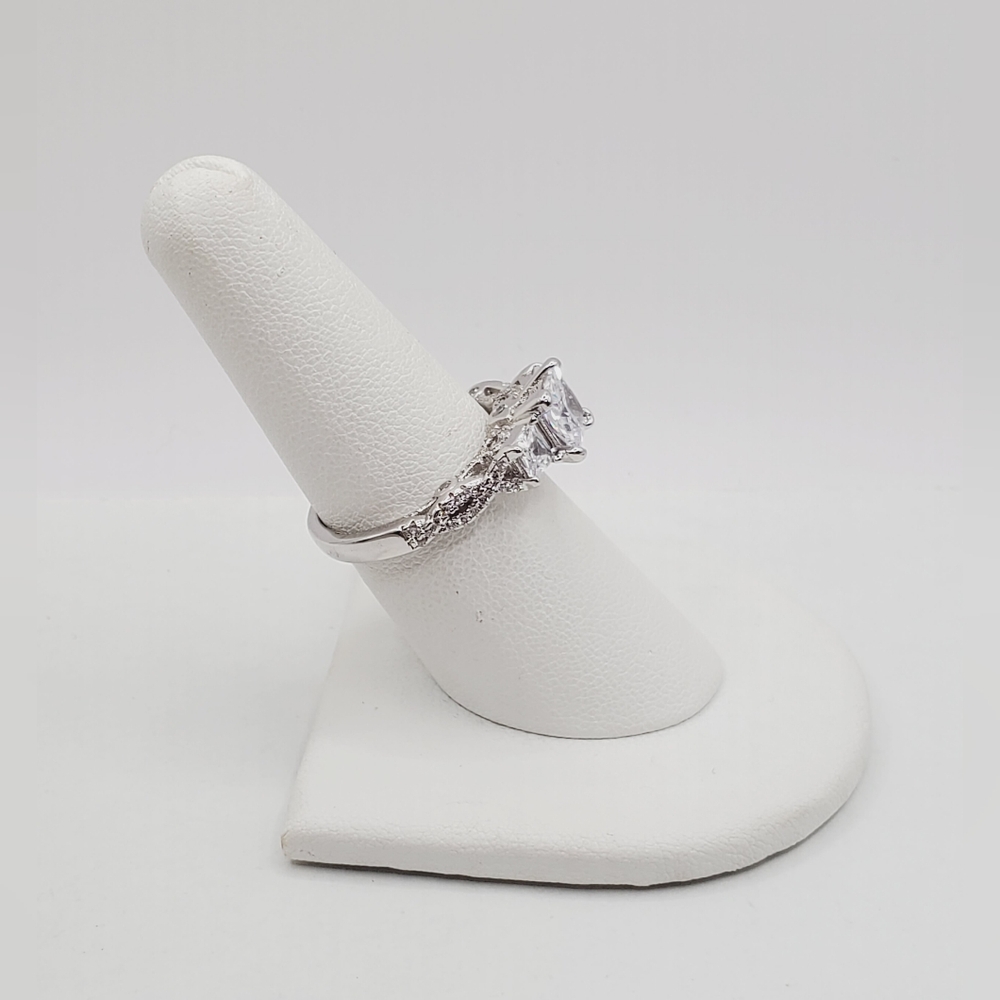 Past Present Future Princess Cut Diamond Simulant Three Stone Silver Tone Ring - Picture 6 of 7